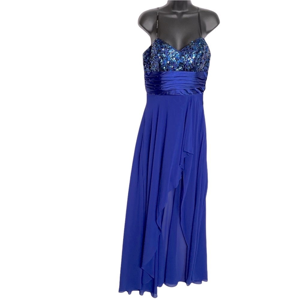 MASQUERADE Gown Formal Strapless Satin Chiffon Sequin Blue Juniors 9 10